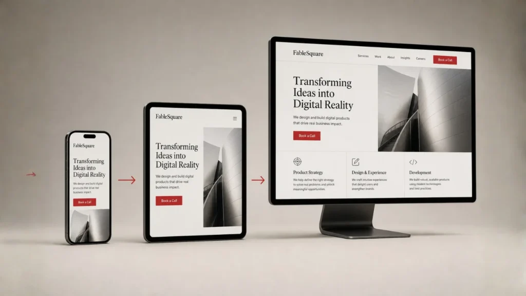 What is mobile first website design -- diagram showing design process starting from mobile screen to tablet and desktop - FableSquare Bangalore 2026